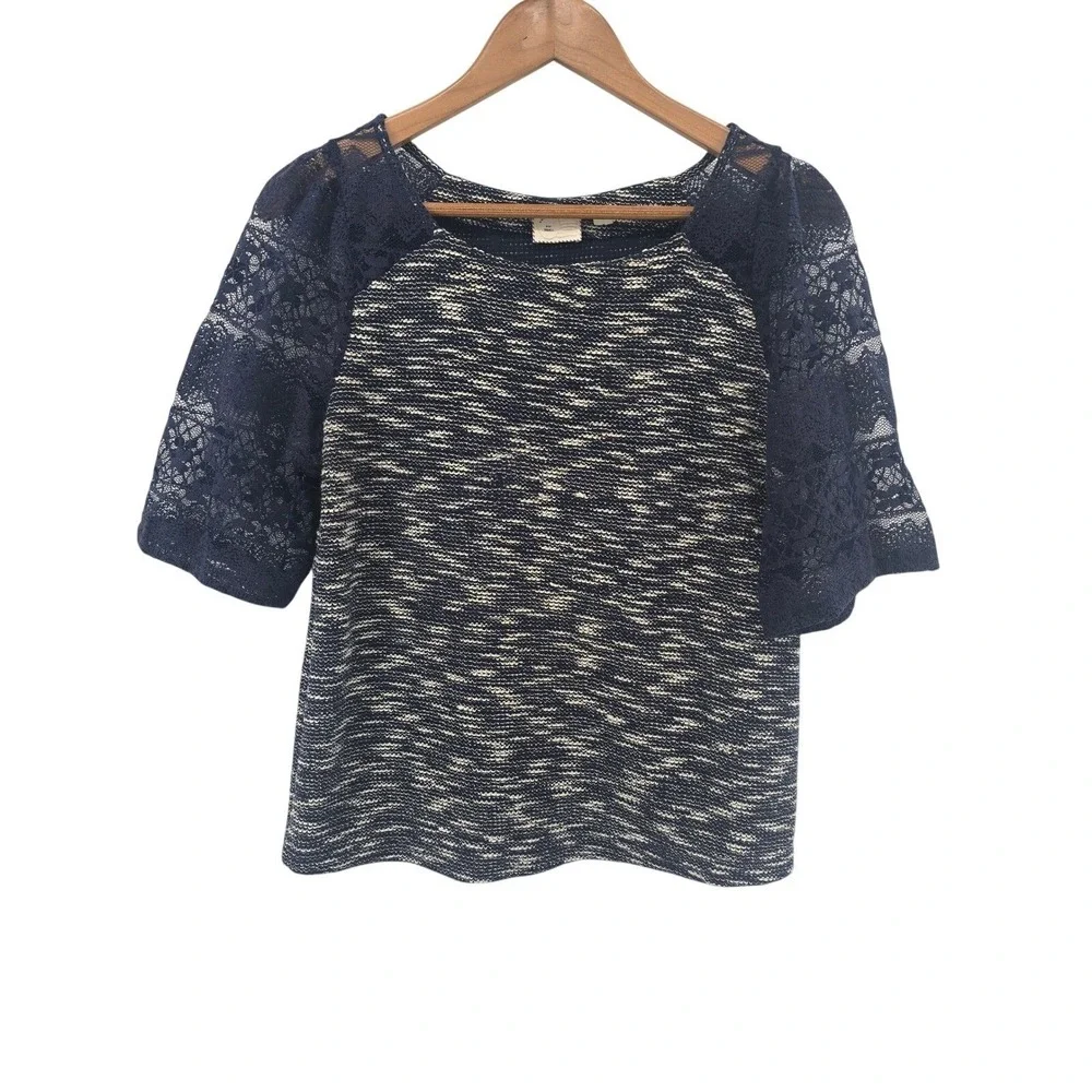 Anthropologie Postmark Knit Top Women Small Navy Blue Lace Sleeve Space Dye Boho